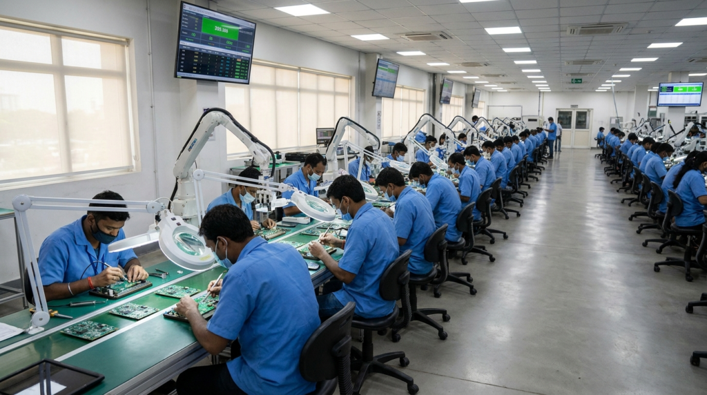 A bustling factory floor with workers assembling intricate electronic components on a production line, showcasing modern manufacturing processes.