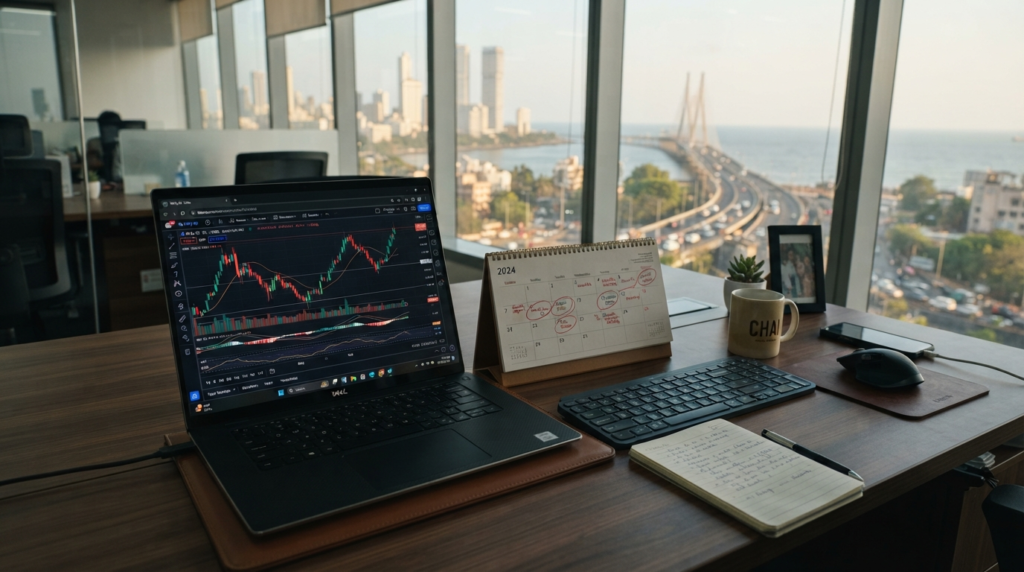A professional office desk in a modern Indian city with a calendar marked with red circles for holidays and a laptop showing trading charts.