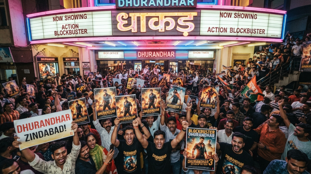 A wide-angle shot of a crowded cinema hall in Mumbai with fans holding posters of the Dhurandhar franchise under bright marquee lights.