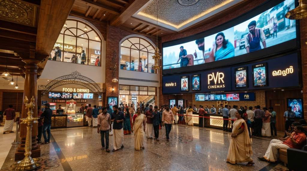 A wide-angle shot of a modern cinema lobby in a Kerala mall, showcasing a blend of traditional architectural accents and cutting-edge digital advertising screens.