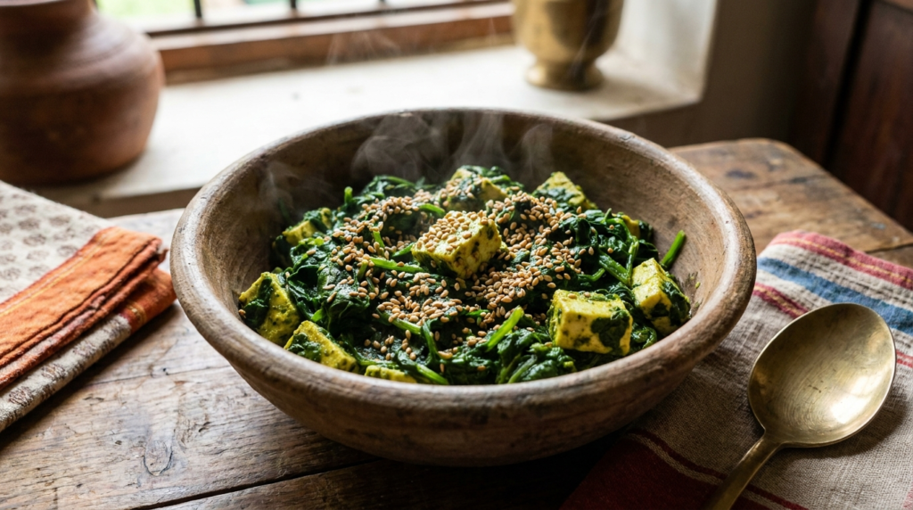 A vibrant green spinach and paneer stir-fry in a rustic earthenware bowl, garnished with toasted sesame seeds.