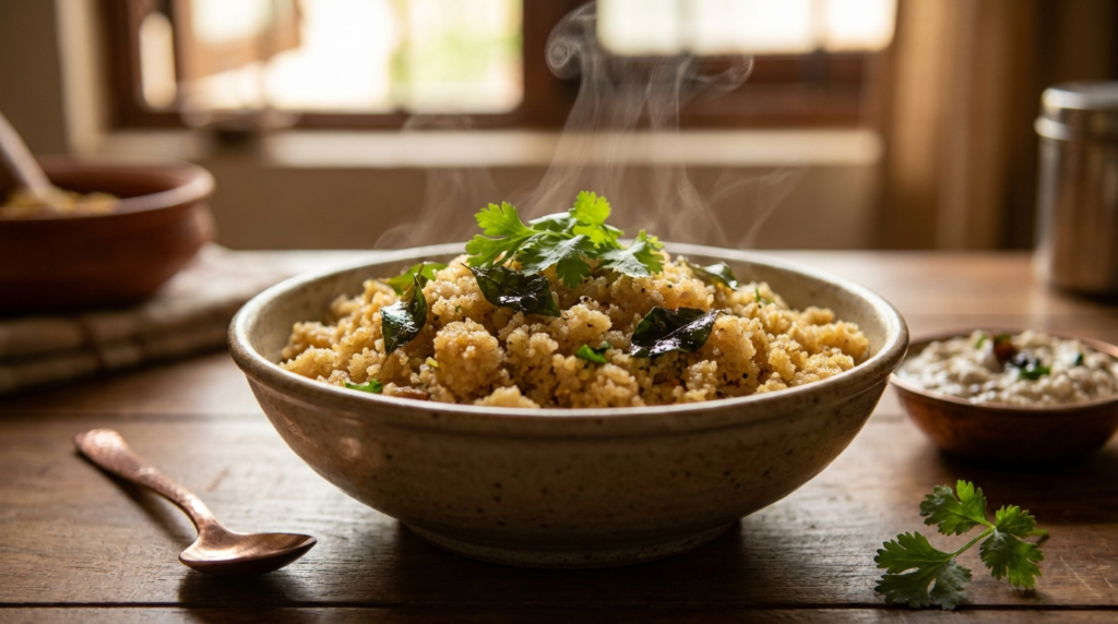 A steaming bowl of Suji Upma, showing its slightly granular texture, garnished with chopped coriander leaves and a few scattered fried curry leaves.