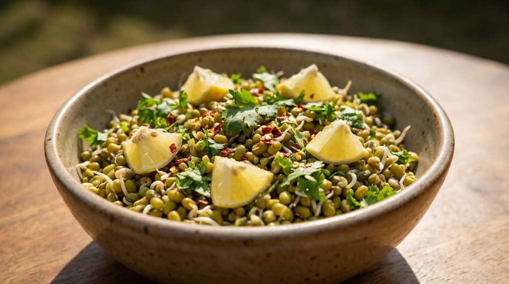 A close-up shot of a vibrant bowl of sprouted moong dal salad with chopped coriander, lemon wedges, and a sprinkle of chilli flakes