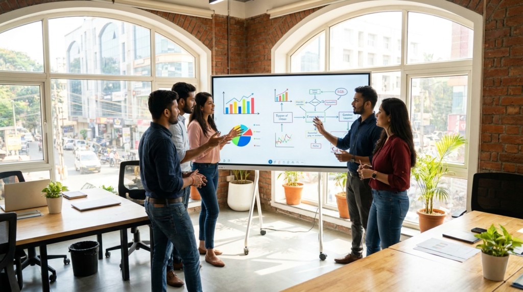 A diverse group of young Indian entrepreneurs collaborating in a modern, sunlit co-working space, gesturing enthusiastically at a digital whiteboard displaying growth charts and project timelines.