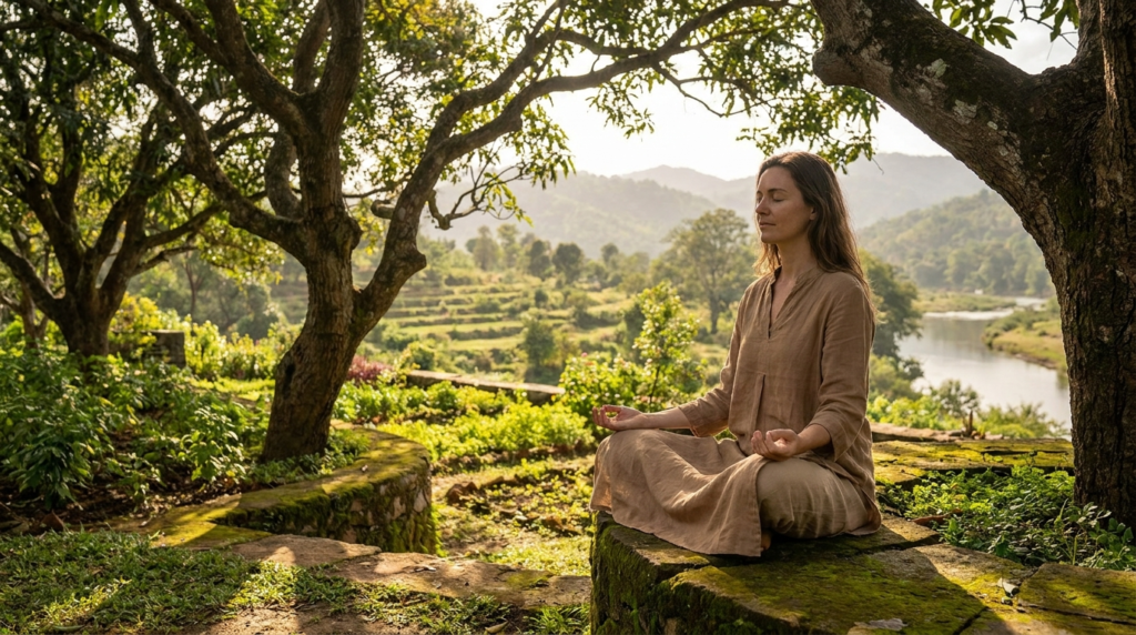 A serene woman in a peaceful outdoor setting practicing a gentle yoga pose, with soft sunlight filtering through trees