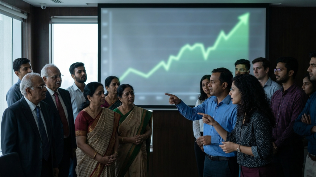 A diverse group of people of various ages and ethnicities looking at a projected graph showing upward financial growth, with some pointing and discussing strategies.