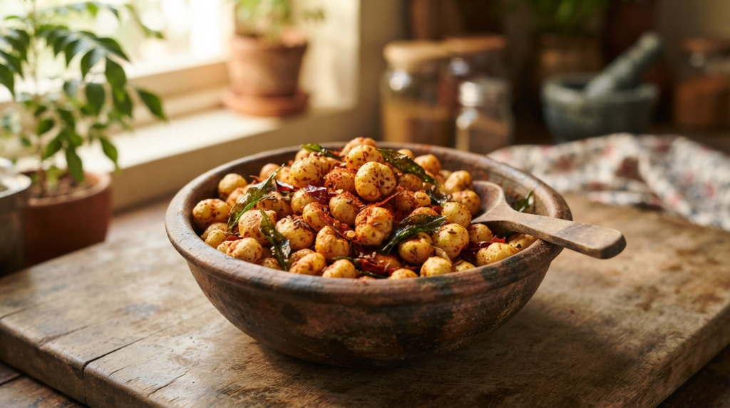 A close-up shot of roasted makhana in a rustic clay bowl, seasoned with curry leaves and red chili powder, set against a bright, sunlit kitchen counter.