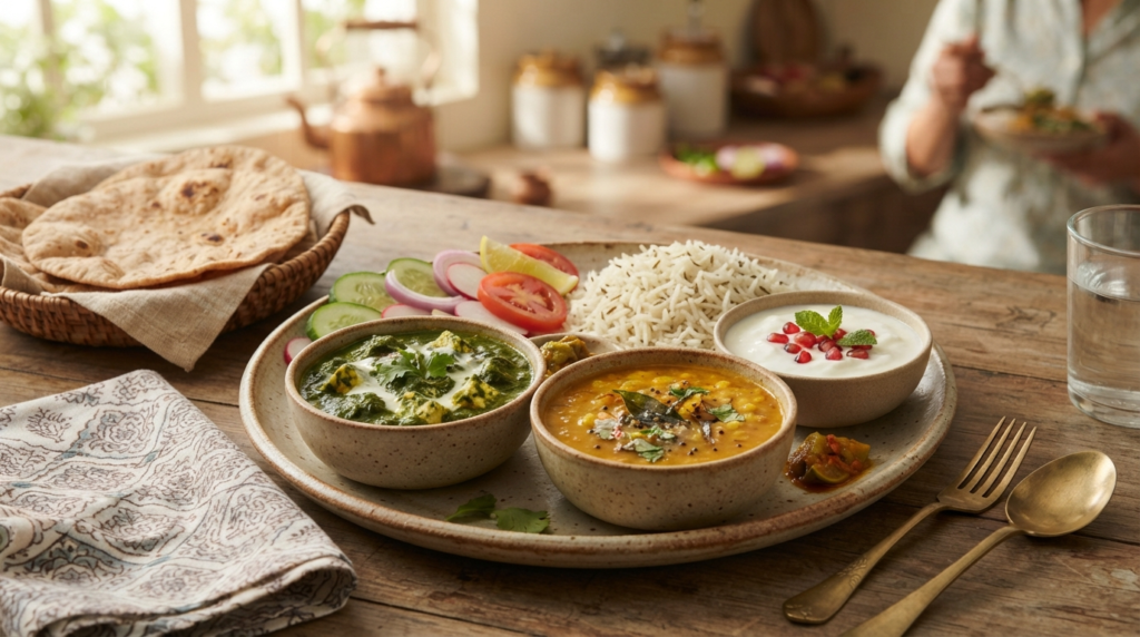 A colorful, healthy meal plate featuring spinach, dal, and yogurt, illustrating a balanced diet for oral health.