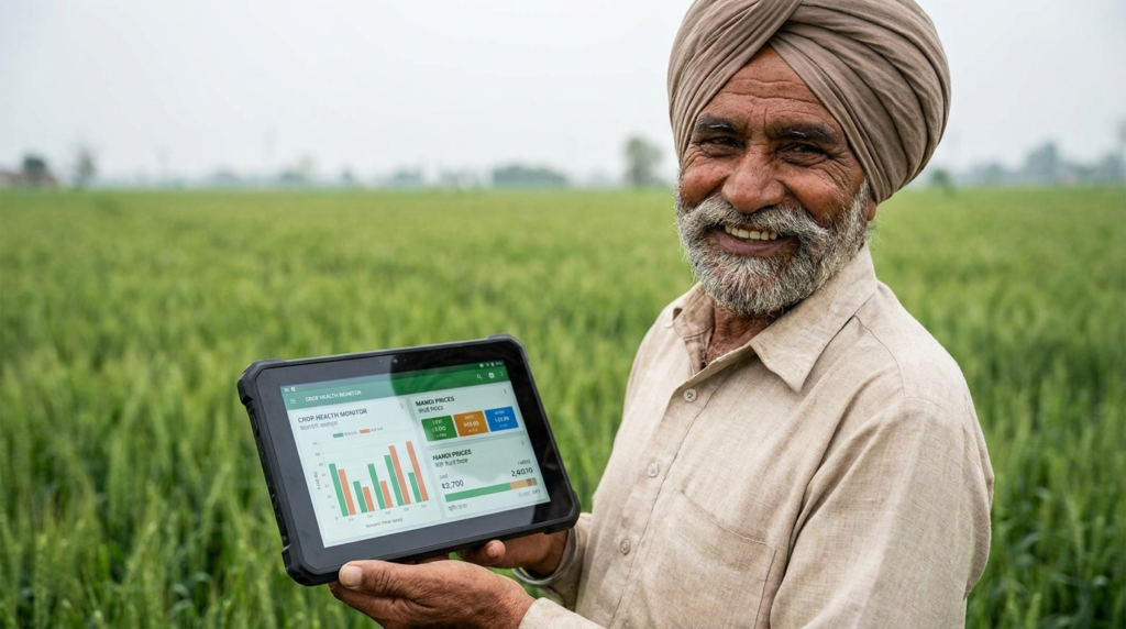 A close-up shot of a farmer in a verdant field in Punjab, smiling as they use a tablet device displaying a colorful app with crop health data and market prices.