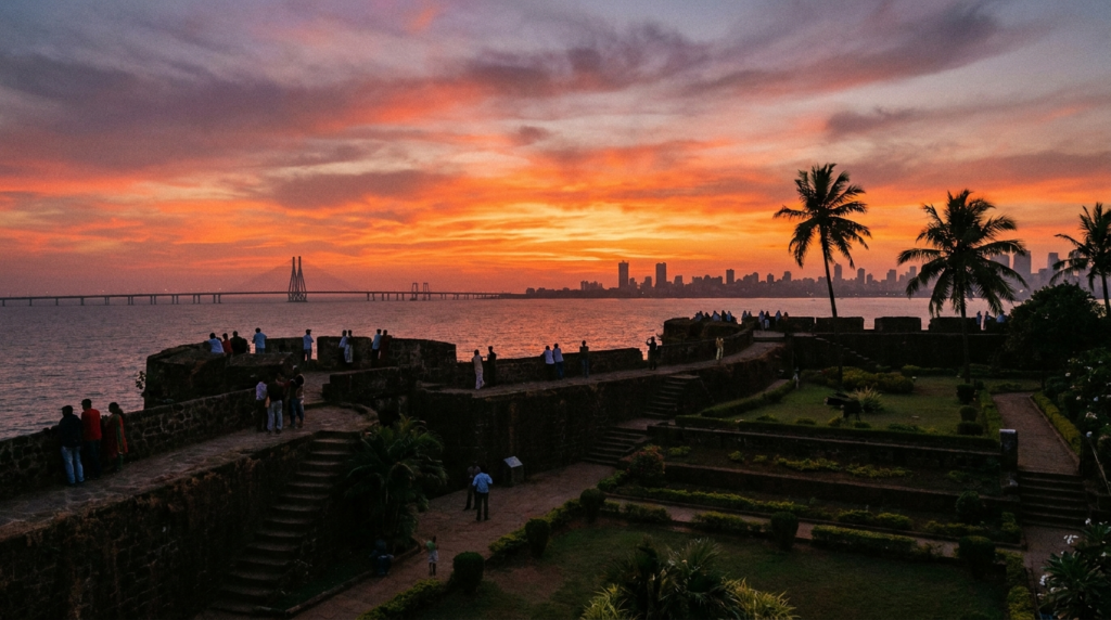 A panoramic view of the Bandra Fort gardens with the Arabian Sea in the background at sunset, silhouetting a few people enjoying the view.