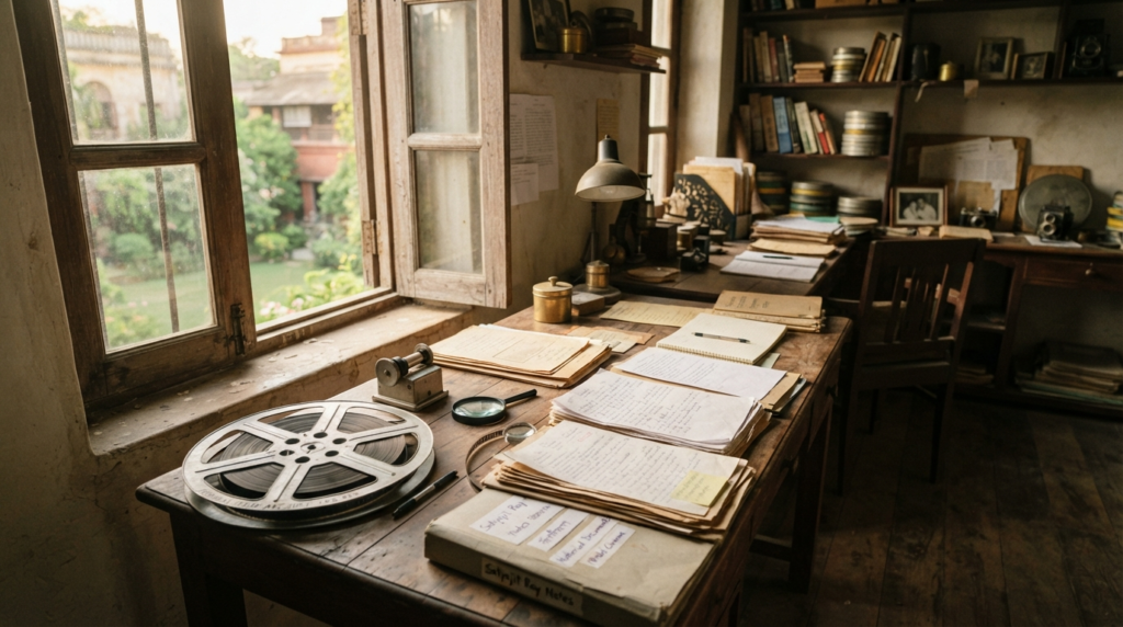 A wide-angle shot of a classic 35mm film reel resting on a wooden desk, with soft sunlight streaming through a window onto a stack of historical research papers.