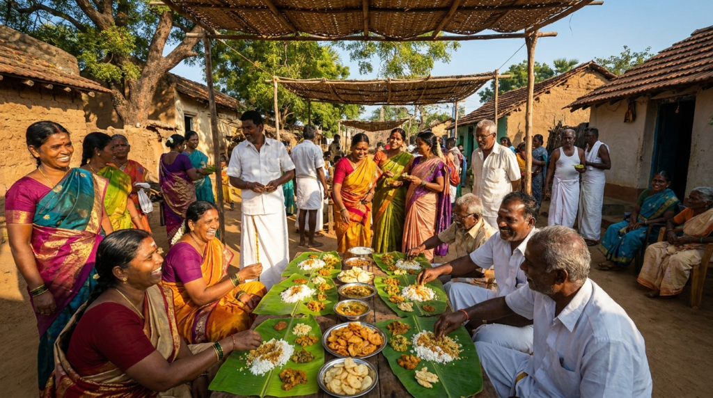 A vibrant, sun-drenched scene of a Tamil village gathering, with people in traditional attire sharing food and laughter, conveying warmth and community.