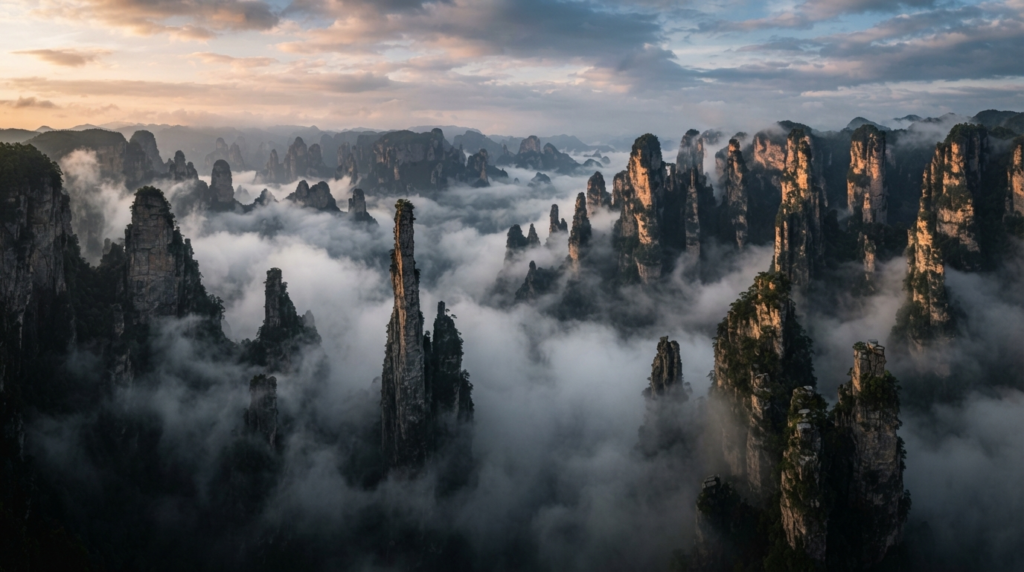 A dramatic shot of the needle-like limestone pillars of Enshi Grand Canyon, rising sharply through a thick layer of low-hanging clouds.