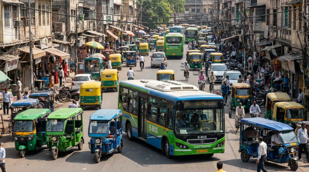 A vibrant street scene in Delhi with electric auto-rickshaws and electric buses interspersed with regular traffic, showcasing the transition to cleaner public transport.