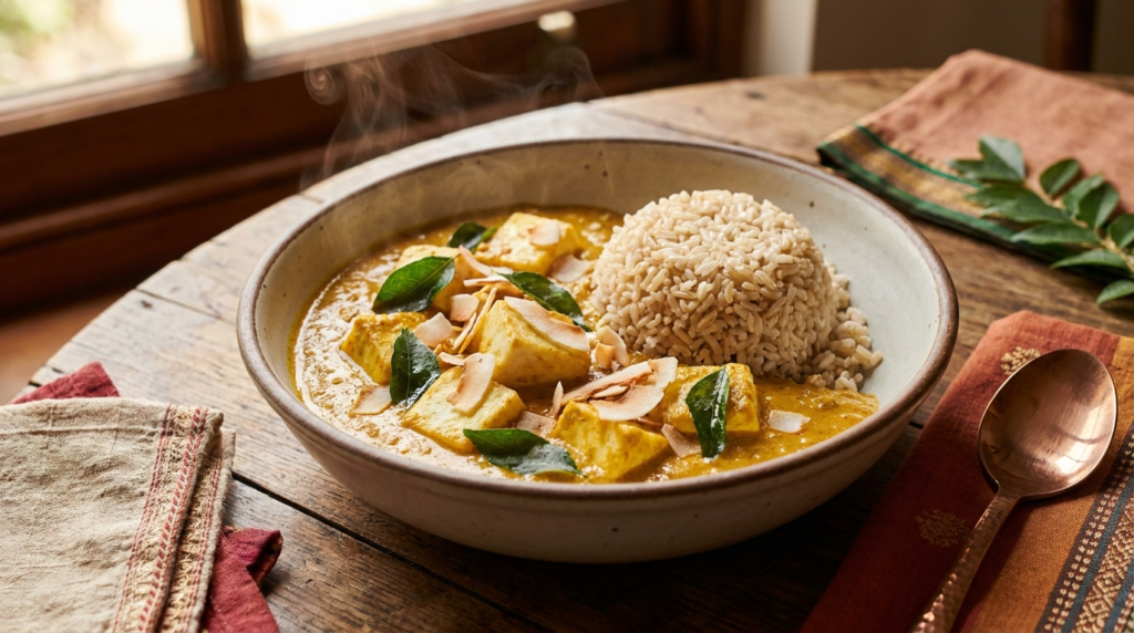 A vibrant bowl of Creamy Coconut Paneer Curry with brown rice, showcasing the rich, creamy texture of the curry with soft paneer cubes, served alongside fluffy brown rice. Garnish with curry leaves and a sprinkle of toasted coconut flakes.