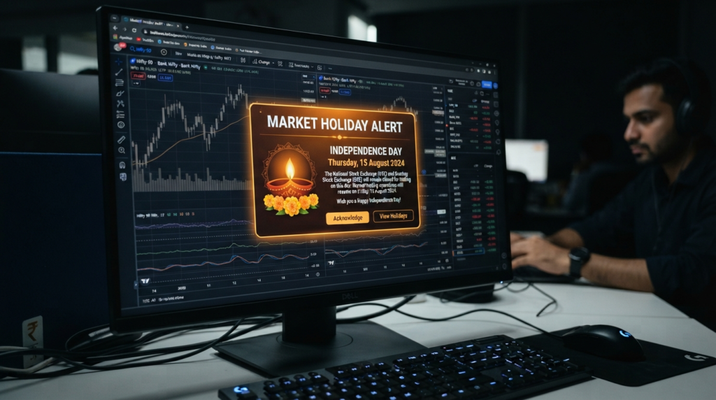 A clean, high-resolution close-up of a digital trading terminal showing a holiday notification alert on a dark background.
