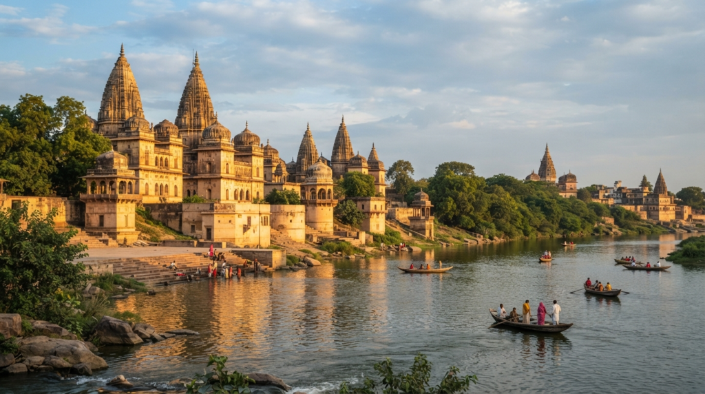 A wide-angle shot of the riverside cenotaphs in Orchha bathed in the golden light of an October afternoon.