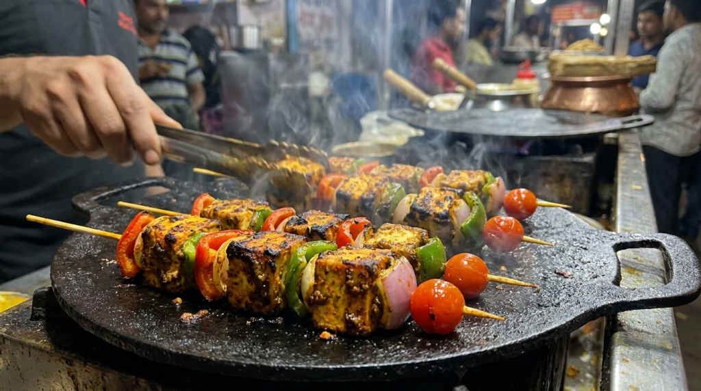 Close-up shot of Achari Paneer Tikka skewers sizzling on a tawa, with visible char marks and vibrant colours of vegetables and paneer.