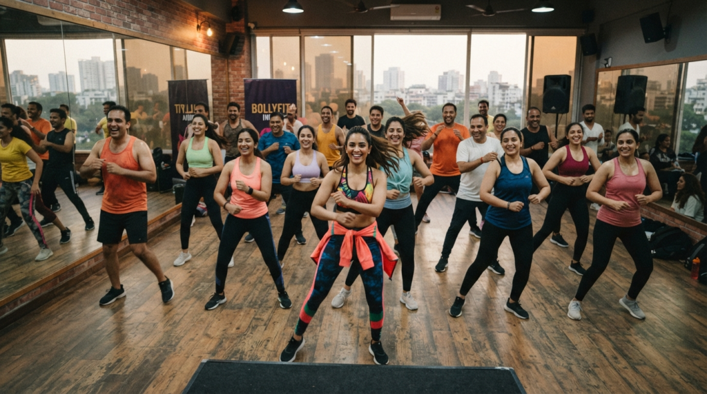 A diverse group of people in an Indian fitness studio smiling while performing coordinated dance moves to high-energy music.
