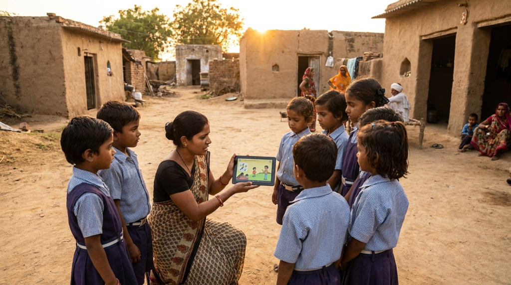 A group of young students in a rural Indian village are gathered around a teacher, looking at a tablet device displaying educational content.