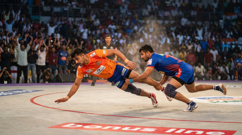 A dynamic photograph of two Pro Kabaddi players locked in a fierce struggle for a bonus point on the mat, with blurred spectators in the background.