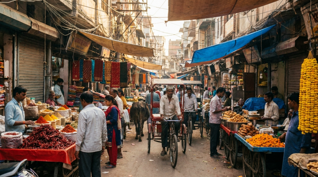 A bustling street scene in Old Delhi with vendors and shoppers, capturing the vibrant chaos and colourful atmosphere of the city.