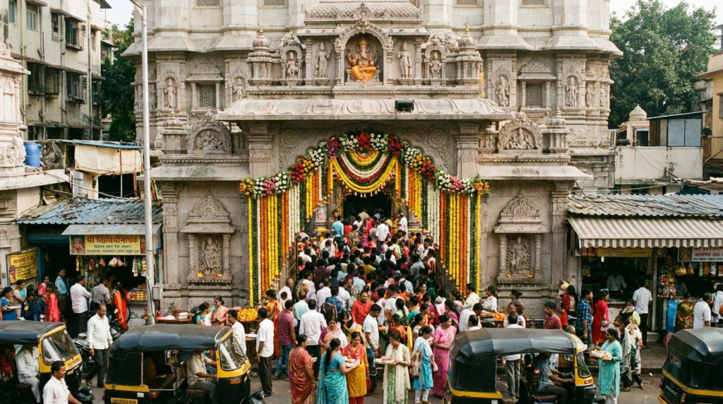A wide shot of the ornate main entrance of the Shri Siddhivinayak Temple in Dadar, Mumbai, bustling with devotees and decorated with flowers.