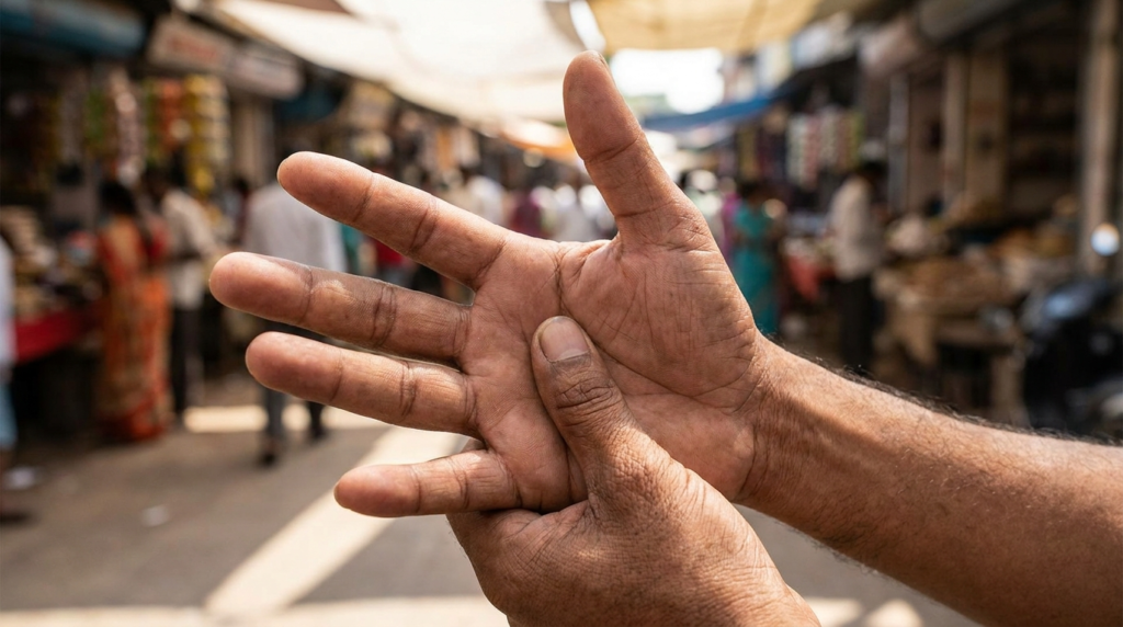A close-up shot of a hand receiving acupressure on the webbing between the thumb and index finger.