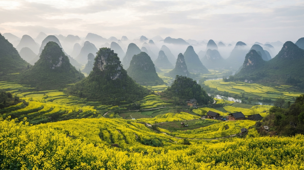 A panoramic shot of the Wanfenglin karst peaks in Guizhou, blanketed in bright yellow rapeseed flowers under a soft morning mist.
