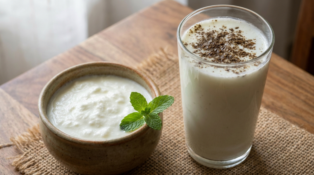 A close-up shot of a small bowl of white curd, with a sprig of mint on the side, next to a glass of buttermilk sprinkled with roasted cumin powder.