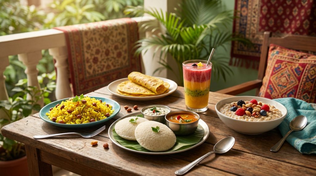 A vibrant spread of healthy breakfast items including poha, idli, a fruit smoothie, and a bowl of oatmeal with berries and nuts