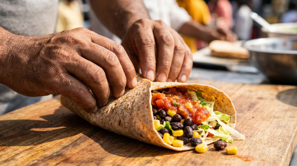A close-up shot of a colourful wrap being rolled, showing fillings like black beans, corn, lettuce, and salsa peeking out from a whole wheat tortilla.
