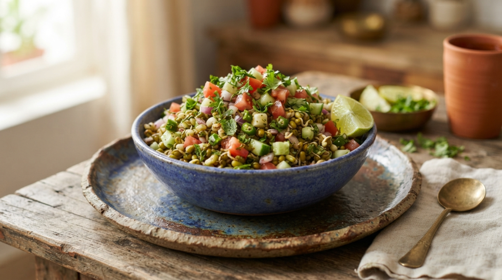 A colorful, vibrant bowl of sprouted moong salad with diced cucumbers, tomatoes, and fresh coriander leaves, served on a textured ceramic plate.