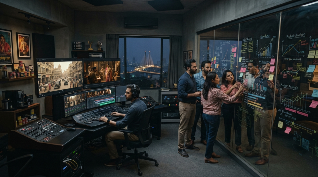 A wide-angle shot of a high-tech film editing suite in Mumbai, with multiple screens displaying color-graded scenes from a period drama, and a group of diverse producers looking at data charts on a glass wall.