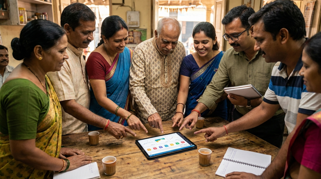 A diverse group of Indian small business owners gathered around a table, actively discussing and pointing at a tablet displaying a user-friendly software interface.