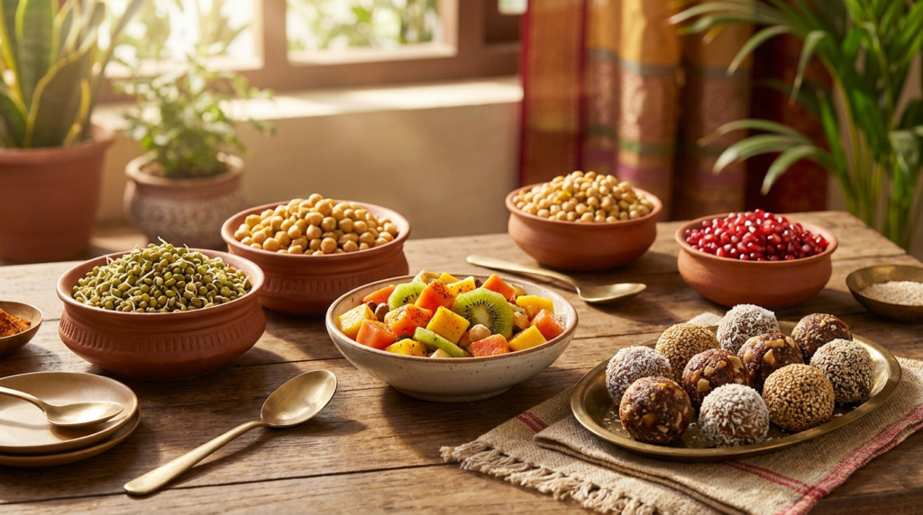 A vibrant spread of colourful, healthy Indian snacks on a rustic wooden table, featuring bowls of sprouts, fruit chaat, and energy balls, bathed in natural light.