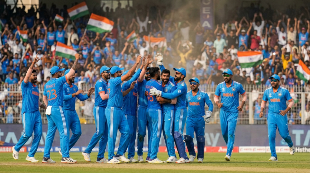 A jubilant Indian cricket team celebrating a wicket, with the crowd in the background cheering wildly