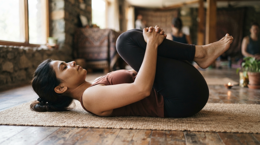 A close-up shot of a person lying on their back performing the Wind-Relieving pose, showcasing the gentle compression of the abdomen with knees tucked to the chest