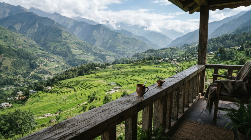 A close-up of a rustic wooden balcony overlooking a valley of lush green rice paddies and distant mountain ranges