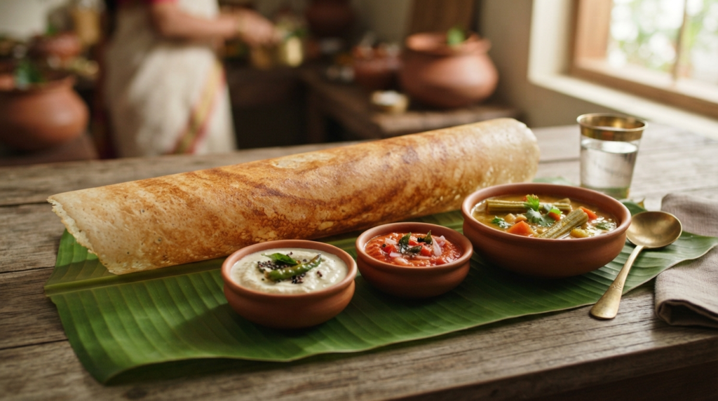 A golden-brown, crispy Dosa spread out on a banana leaf, accompanied by three small bowls of coconut chutney, tomato chutney, and sambar.