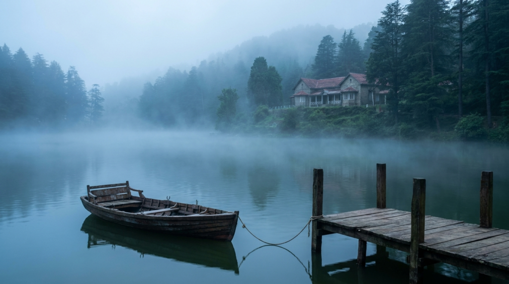 A serene, misty lake surrounded by dense pine forests. A small wooden rowboat is tied to a jetty. A colonial-era building is visible in the background.