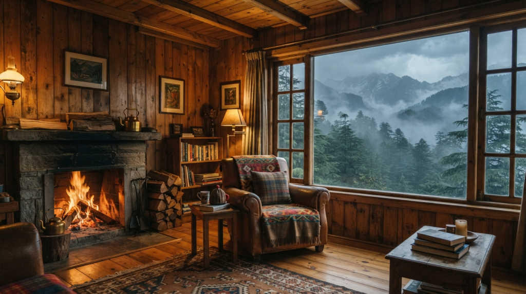 A cozy, wooden-paneled cottage interior in Landour with a fireplace and a view of misty mountain pines through a large window.