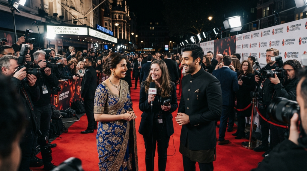 A crowded film festival red carpet in London with Indian actors interacting with international press, showcasing a mix of traditional and contemporary fashion.