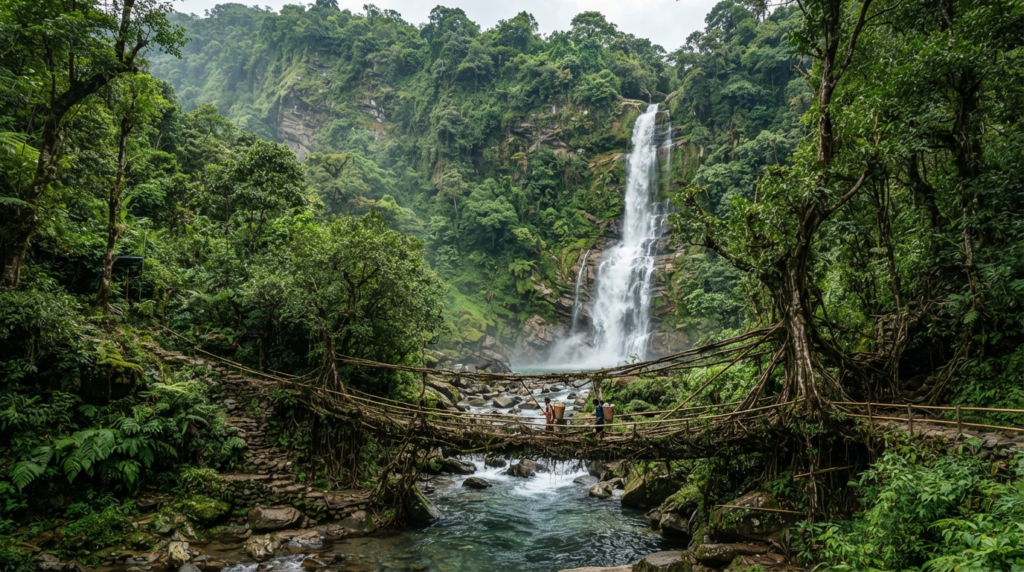 A wide-angle shot of a waterfall cascading down a lush green cliff in Meghalaya with a traditional living root bridge visible below