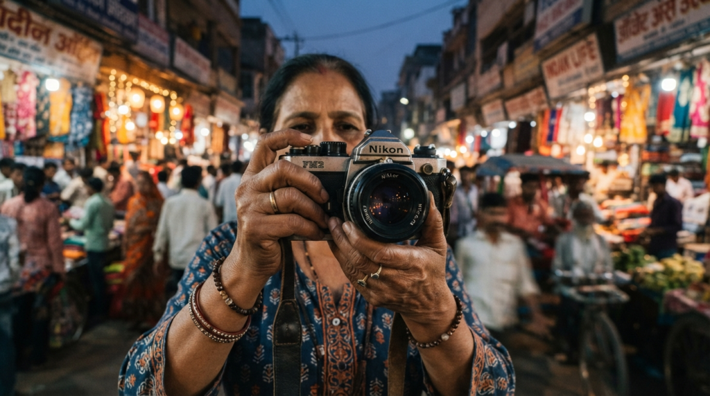 A close-up of a person holding a vintage film camera, with the blurry background showing a bustling, vibrant Indian street market at twilight.
