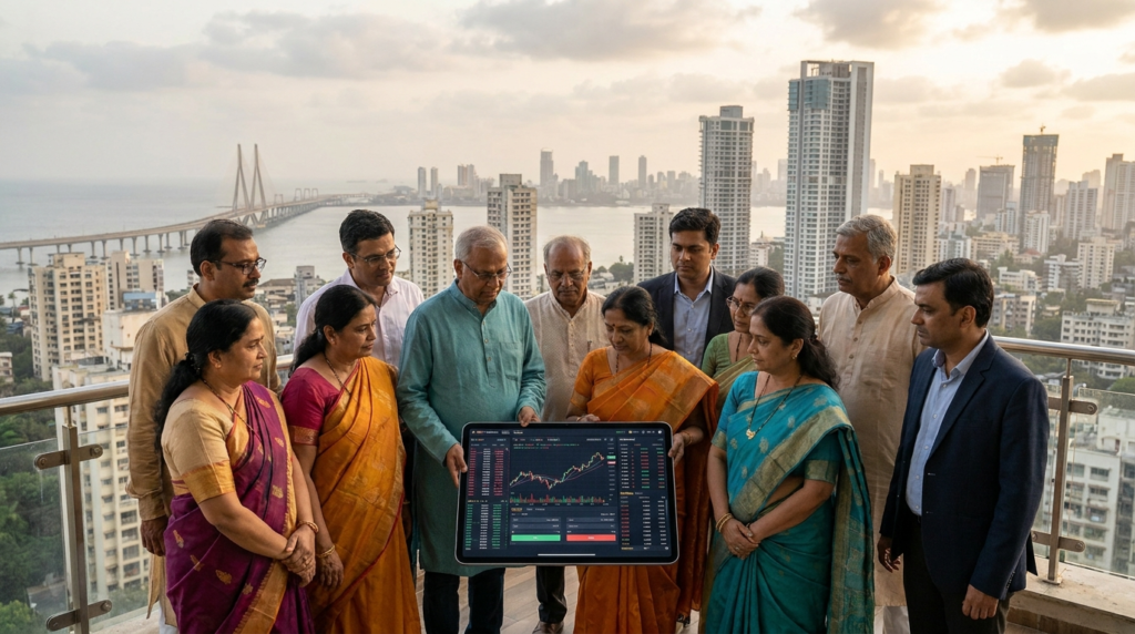 A diverse group of Indian investors are shown reviewing financial charts on a tablet, with a cityscape of Mumbai in the background.