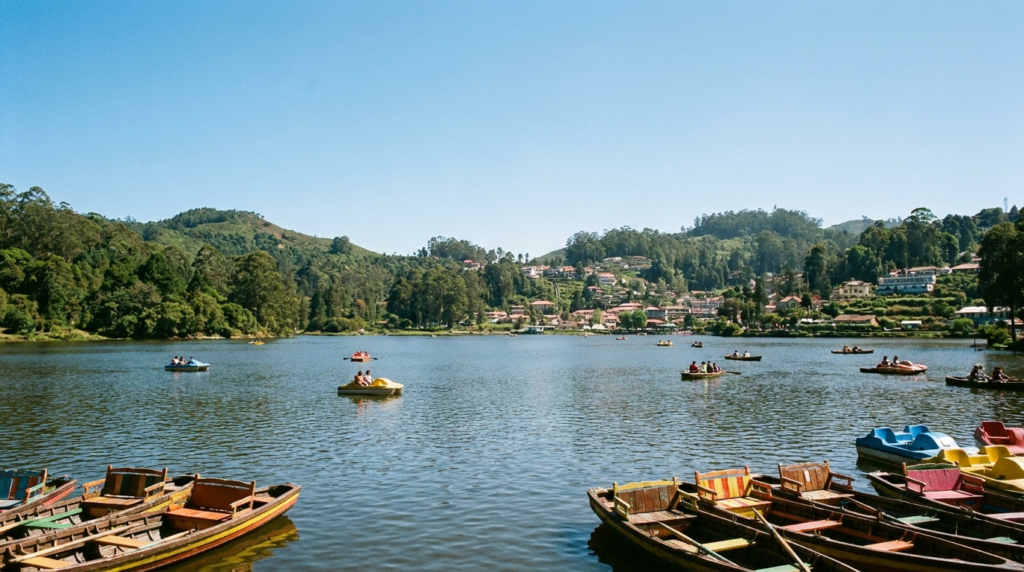A panoramic view of Kodaikanal Lake surrounded by lush green hills, with a few colourful boats dotting the water under a clear blue sky.