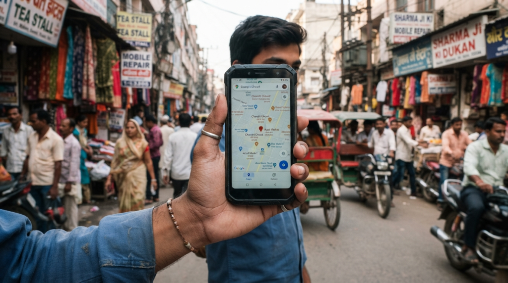 A close-up shot of a rugged, entry-level smartphone held in a hand against the backdrop of a bustling Indian street market.