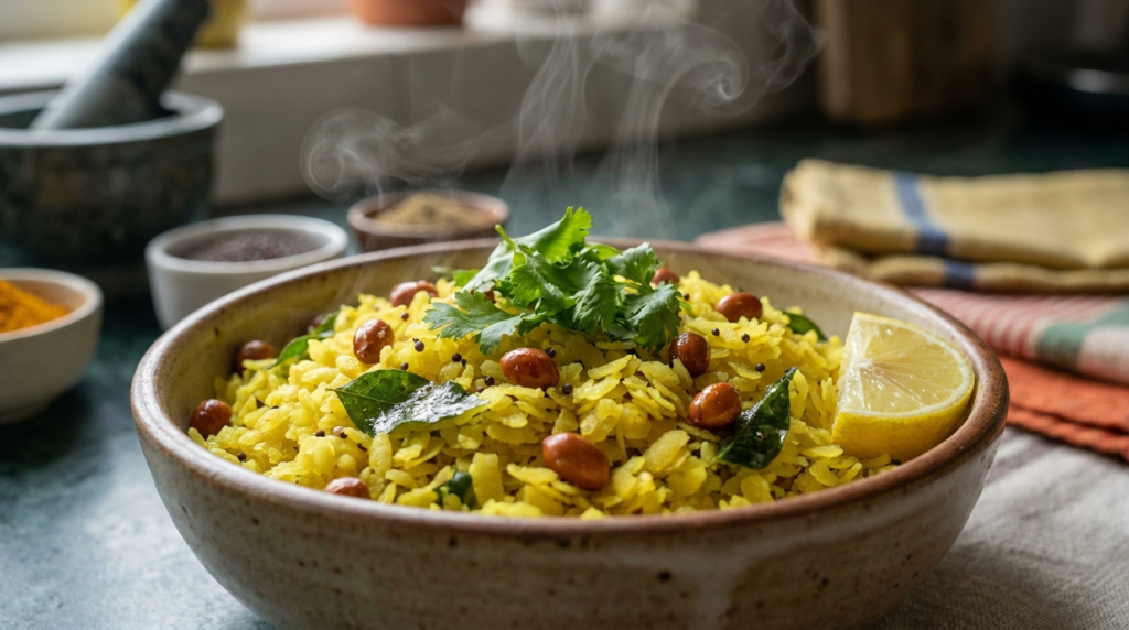 A close-up of a steaming bowl of poha, garnished with fresh coriander and a wedge of lemon, set against a blurred background of a kitchen counter.