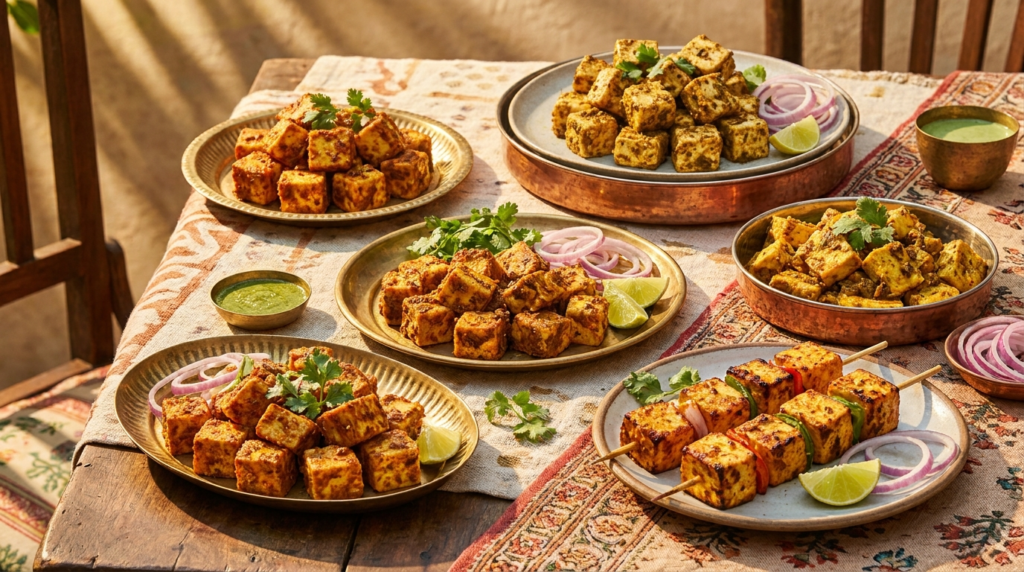 A vibrant spread of various dry paneer dishes, artfully arranged on traditional Indian platters, showcasing different colours and textures.